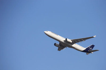 A passenger plane of the German airline Lufthansa takes off at Frankfurt airport, Germany (February...