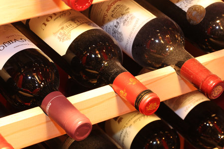 Wine cellar with bottles of red wine (Ludwigshafen Germany, April 05, 2021)のeditorial素材