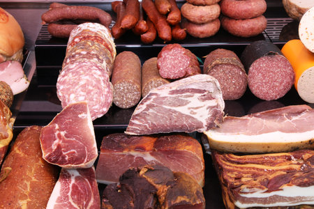 Sausage counter in a butcher's shop