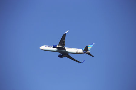 A passenger plane of the German airline "Condor" takes off at Frankfurt airport, Germany (February 24, 2021)のeditorial素材