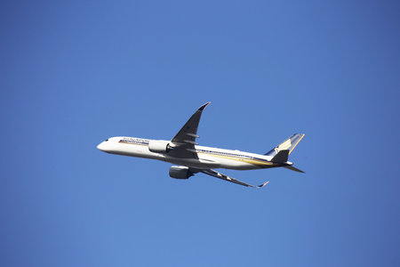 A passenger plane of the "Singapore Airlines" takes off at Frankfurt airport, Germany (February 24, 2021)のeditorial素材