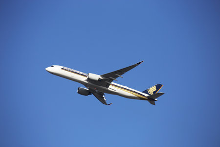 A passenger plane of the "Singapore Airlines" takes off at Frankfurt airport, Germany (February 24, 2021)のeditorial素材