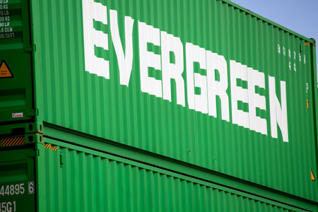 Containers of Evergreen Marine Corp. Ltd in the port of Mannheim, Germany (April 13, 2022)のeditorial素材