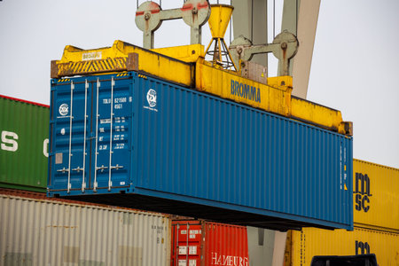 Container handling at the Port of Mannheim, Germany (April 13, 2022)