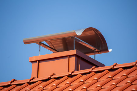 Chimney with standing seam cladding and aluminum sheet on a newly tiled roof