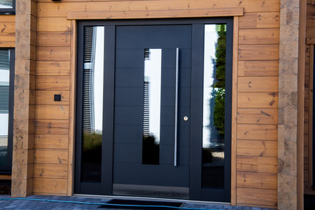 Modern black front door on a new wooden houseの写真素材