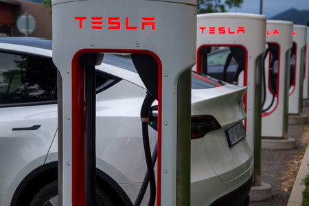 Tesla at a Supercharger in Saulce-sur-Rhone, France (June 09, 2023)のeditorial素材