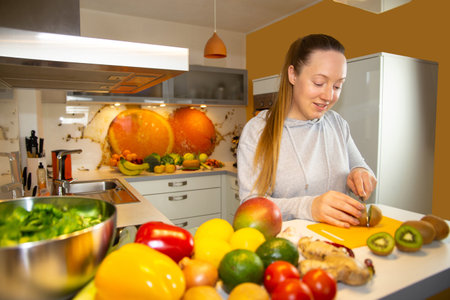 Vegan diet: Young woman cuts a kiwiの写真素材