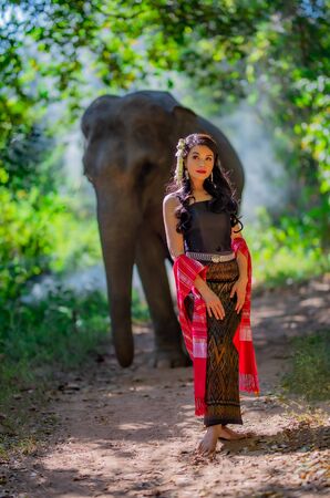 Beautiful thai women wearing traditional thai clothes standing on an elephant in nature park thailand, woman concept.の写真素材