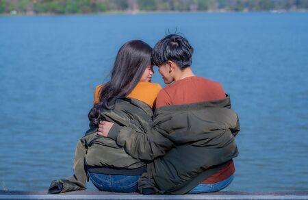 Attractive young Asian women couple in love having fun and hugging.の写真素材