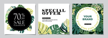 Tropical sale banners set with exotic leaves. Vector illustration.のイラスト素材