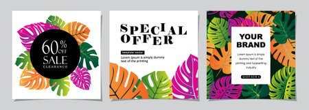 Set of summer sale banners with tropical leaves. Vector Illustration.のイラスト素材