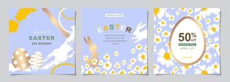 Happy Easter Set of Sale banners, social media, greeting cards, posters, holiday covers. Trendy design with typography, hand painted plants, eggs and bunny, banner background.のイラスト素材