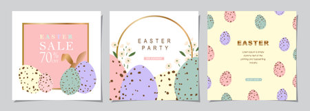 Happy Easter Set of Sale banners, social media, greeting cards, posters, holiday covers. Trendy design with typography, hand painted plants, eggs and bunny, banner background.のイラスト素材