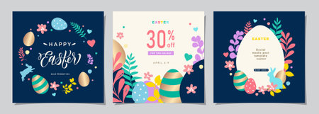 Happy Easter Set of Sale banners, social media, greeting cards, posters, holiday covers. Trendy design with typography, hand painted plants, eggs and bunny, banner background.のイラスト素材