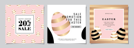 Happy Easter Set of Sale banners, social media, greeting cards, posters, holiday covers. Trendy design with typography, hand painted plants, eggs and bunny, banner background.のイラスト素材