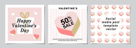 Happy Valentines Day square banner for social media posts, mobile apps, banners, digital marketing, sales promotion and website ads. backgrounds, geometric with hearts pattern.のイラスト素材