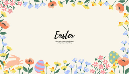 Easter greeting card with colorful flowers and eggs. Vector illustration.のイラスト素材