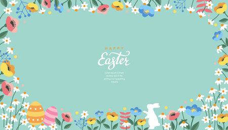 Happy Easter greeting card with spring flowers and eggs. Vector illustration.のイラスト素材