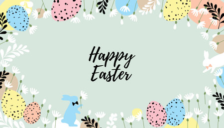 Easter greeting card with eggs and bunnies. Vector illustration.のイラスト素材