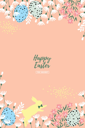 Happy Easter greeting card template with cute bunny, eggs and flowers.のイラスト素材