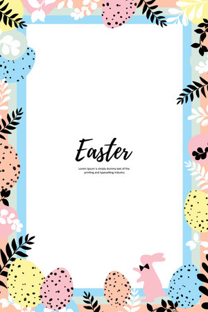 Easter greeting card with cute eggs and floral frame. Vector illustrationのイラスト素材