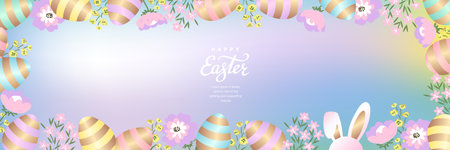 Easter banner with eggs, bunny ears and flowers. Vector illustration.のイラスト素材