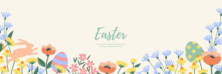 Easter background with flowers and easter eggs. Vector illustration.のイラスト素材
