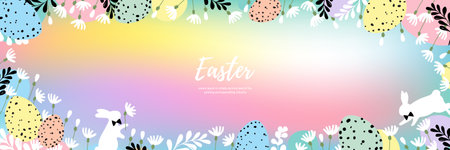 Easter banner with eggs, flowers and rabbits. Vector illustration.のイラスト素材