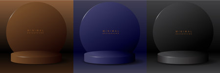 Vector set of 3d realistic dark blue round podiums with shadows on a dark backgroundのイラスト素材