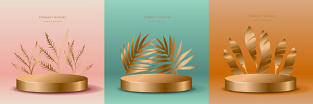 Set of 3D luxury background with realistic cylinder pedestal podium. Retro topical. Mockup product display. Stand to show cosmetic products. Minimal wall scene. Stage showcase.のイラスト素材