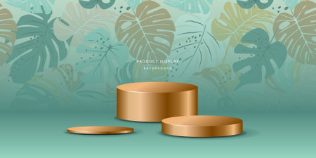 3D luxury tropical background with realistic cylinder pedestal podium. Mockup product display. Stand to show cosmetic products. Minimal wall scene. Stage showcase.のイラスト素材