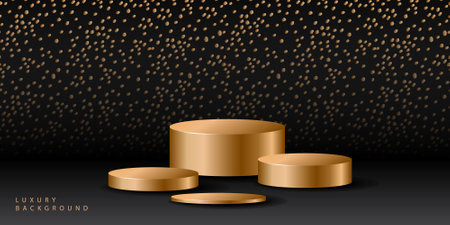 3D luxury black dot background with realistic cylinder pedestal podium gold color. Mockup product display. Stand to show cosmetic products. Minimal wall scene. Stage showcase.のイラスト素材