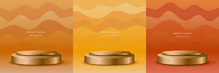 Set of 3D luxury background with realistic cylinder pedestal podium. Retro topical. Mockup product display. Stand to show cosmetic products. Minimal wall scene. Stage showcase.のイラスト素材