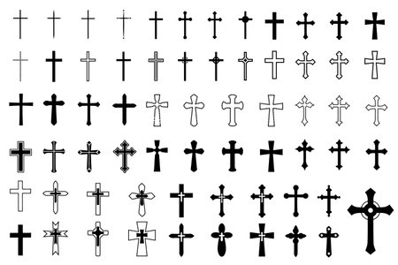 Decorative crucifix religion catholic symbol, Christian crosses. orthodox faith church cross icons design, isolated flat setのイラスト素材