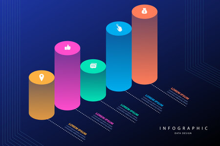 Isometric infographics template with 5 options. Can be used for workflow layout, diagram, number options, web design. Vector illustrationのイラスト素材