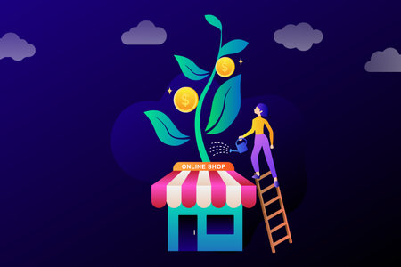 Businessman watering money tree with ladder. Business investment growth concept.のイラスト素材