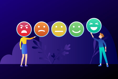 Emotions in the crowd. People stand in front of a group of emoticons. Vector illustrationのイラスト素材