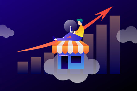 Businessman with laptop sitting on the roof of a shopping center. Vector illustrationのイラスト素材