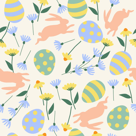 Easter seamless pattern with bunny, eggs and flowers. Vector illustration.のイラスト素材