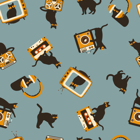 Seamless pattern silhouettes of the cat with retro media icon, different poses on color background, Cute and funny vector.のイラスト素材
