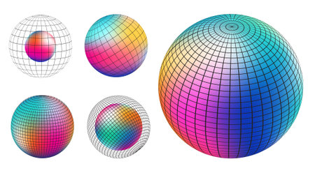 Gradient Spherical Grid set, holographic vibrant round icon. Multicolor buttons can be used in banner, social media, web, as design element.のイラスト素材