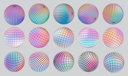 Gradient Spherical Grid and dot set, holographic vibrant round icon. Multicolor buttons can be used in banner, social media, web, as design element.のイラスト素材