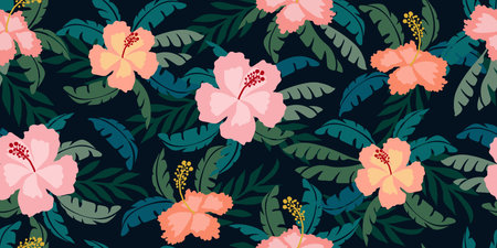 Tropical seamless pattern with flowers and leaves. Hand drawn botanical, spring and Summer time,...
