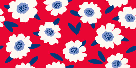 Seamless floral pattern with white flowers on red background. Vector illustration.