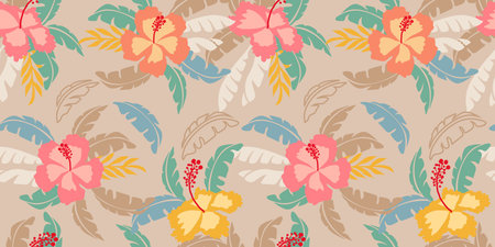 Tropical flower pattern seamless, silhouette of blooming, hand drawn botanical, Floral leaf for...
