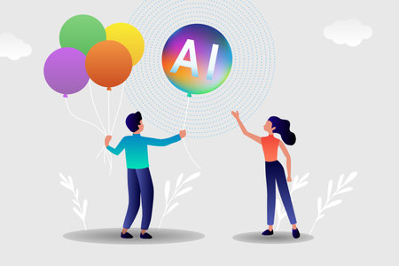 Concept of AI technology innovative applications vector infographic. Artificial intelligence, machine learning, data science and cognitive computing concept.のイラスト素材