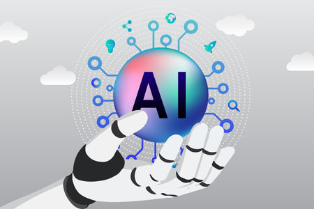 Artificial intelligence concept. Robot hand holding AI symbol. Vector illustrationのイラスト素材