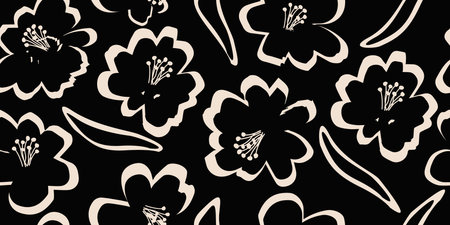 Flower seamless background. Minimalistic abstract floral pattern. Modern print in black and white...