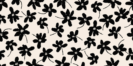 Flower seamless background. Minimalistic abstract floral pattern. Modern print in black and white background. Ideal for textile design, wallpaper, covers, cards, invitations.のイラスト素材